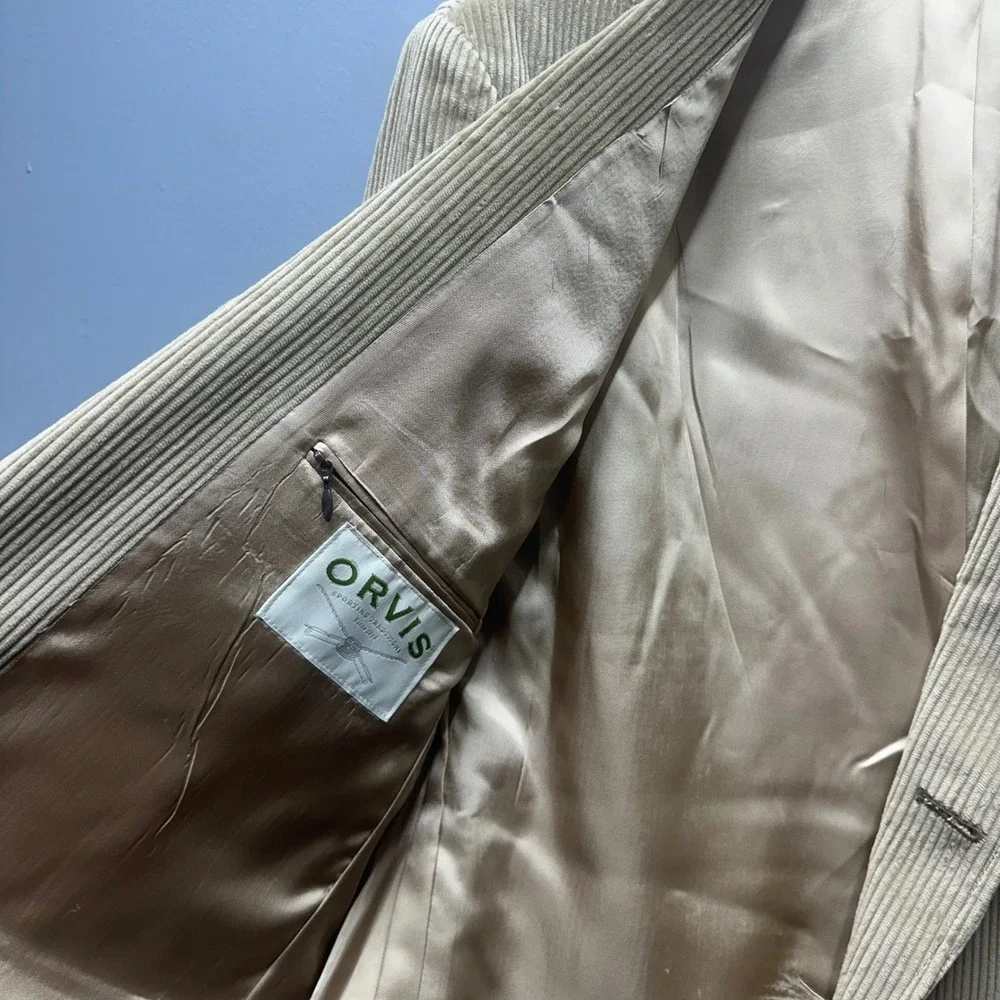 Orvis Mens Tan Corduroy Blazer 44R Elbow Patches Cotton Sport Coat Tailored USA